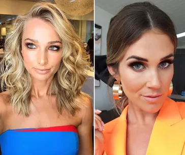 Blonde woman in blue and red top; brunette in orange jacket with large gold earrings.