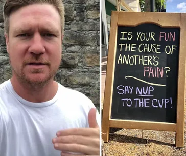 Man speaking, stone wall backdrop; chalkboard message questions fun causing pain, urging "Say Nup to the Cup!"