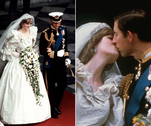 Prince Charles and Princess Diana on their wedding day, walking down the aisle, and sharing a kiss on the balcony.