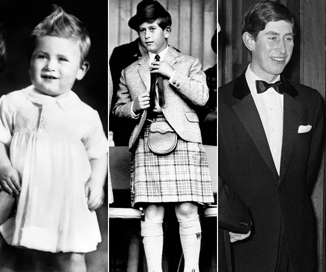 Three black and white photos showing a person at different ages: as a baby, in a kilt, and in a tuxedo.