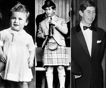 Three black and white photos showing a person at different ages: as a baby, in a kilt, and in a tuxedo.