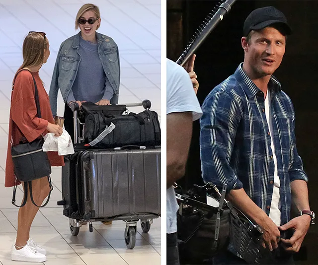 Two women talking at an airport with luggage; a man on set with a film crew.