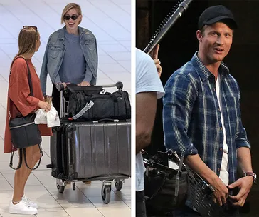 Two women talking at an airport with luggage; a man on set with a film crew.