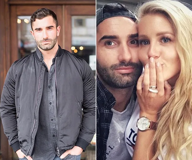 Man in a black jacket, and a couple posing together, woman with hand over mouth showing ring.