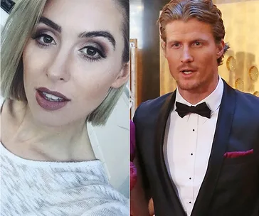Two individuals side by side; a woman with short blonde hair and a man in a tuxedo.