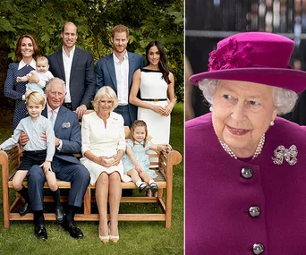 Royal family group photo in garden; Queen Elizabeth in purple coat and hat on the right.