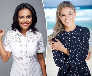 Two women smiling, one in a white dress against a gray background, the other in a black polka-dot dress on a beach.