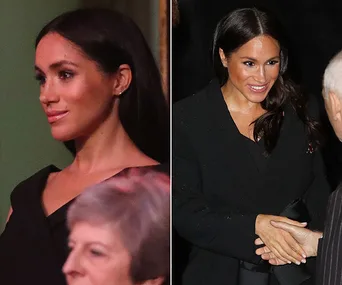 Alt text: "Woman in black dress on left; same woman smiling and shaking hands on right."