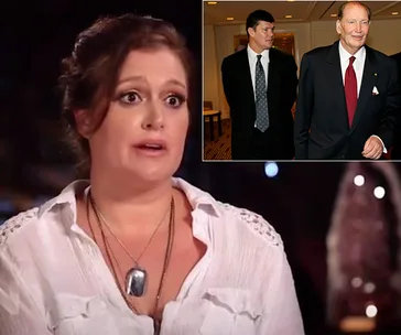Tziporah Malkah speaks in interview; inset shows two men in suits, one with a red tie, smiling indoors.