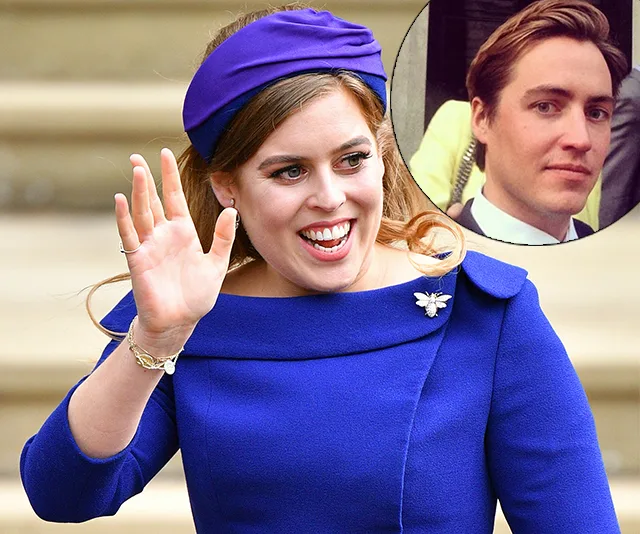 Princess Beatrice waves in a blue outfit; inset shows Edoardo Mapelli Mozzi.
