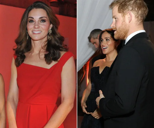 Two separate images: One of a woman in a red dress; the other shows a couple in formal wear at an event.