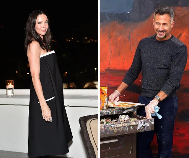 Two people in separate images; a woman in a black dress outdoors at night and a man painting in a studio.