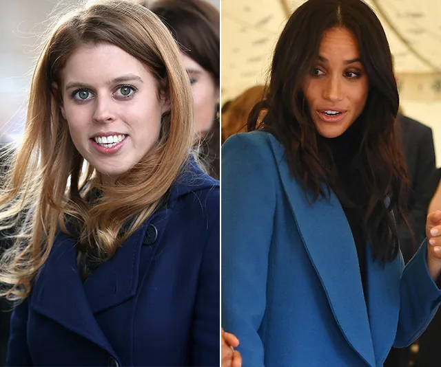 Princess Beatrice and Meghan Markle in blue coats, smiling and interacting separately in a split image.