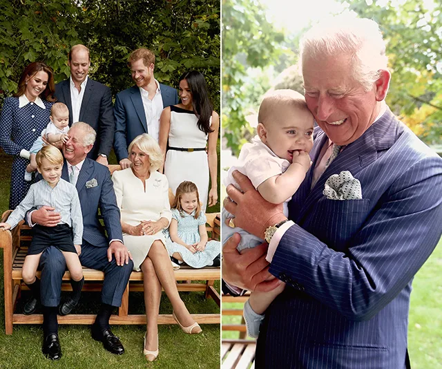 Royal family group photo; Prince Charles, Camilla with grandchildren on left, Charles holding Prince Louis on right.