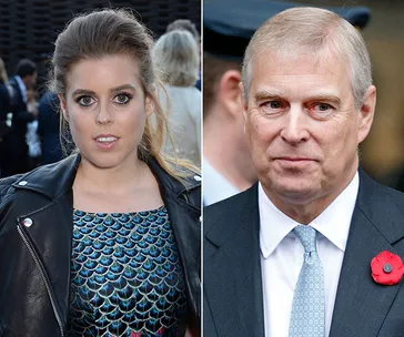Princess Beatrice in a leather jacket and patterned dress; man in suit with poppy pin, standing separately in split image.