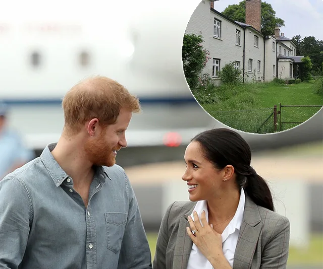 Couple smiling at each other with an inset showing a cottage surrounded by greenery.
