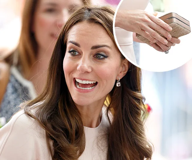 A woman smiling with inset of her hand holding a small beige clutch bag.