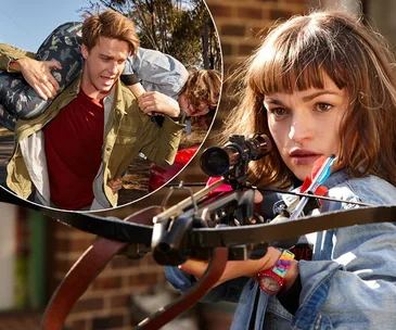 Young woman aims crossbow intently; inset shows another person carrying someone in an action scene.