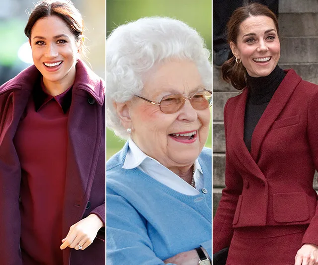Three women smiling, dressed in elegant coats, photographed outdoors in a collage format.