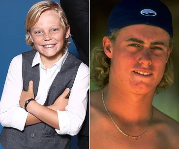 Side-by-side images of a smiling boy in a vest on the left and a shirtless young man in a cap on the right.