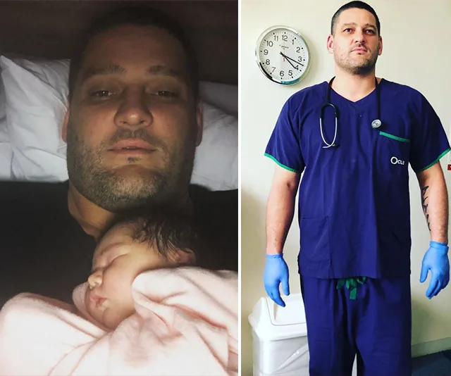 Man holding a sleeping baby on left; same man in scrubs and gloves with a stethoscope on right.