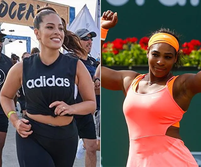 Women in activewear: one jogging in Adidas gear, the other celebrating in a bright sports outfit on a tennis court.