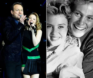 Kylie Minogue and Jason Donovan performing on stage; next to a black-and-white photo of them smiling together.