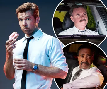 Three men in work attire: one holding a donut and cup, two in separate car scenes, all in white shirts and black ties.