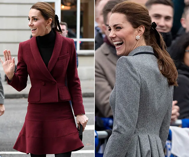 Two images of a woman with a black hair bow, wearing a red suit and a gray coat, smiling and interacting with people.