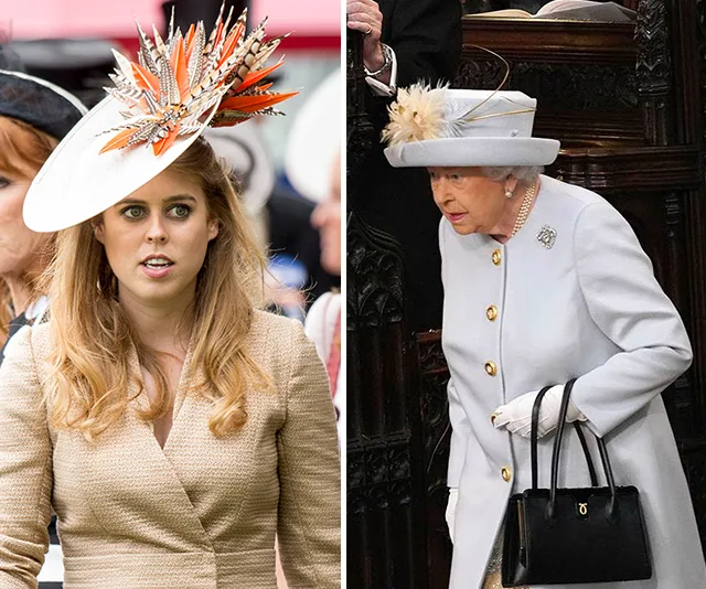 Two women in formal attire and hats, one with an orange feathered hat and the other in a light blue coat and hat.