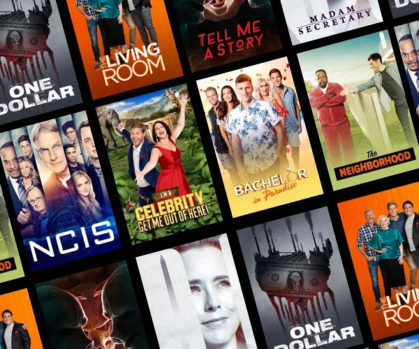 Collage of TV show posters including NCIS, The Neighborhood, Bachelor in Paradise, and more.