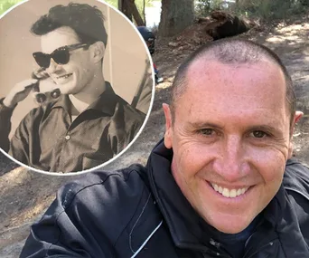 A man smiling outdoors with an inset of an old photo showing another man in sunglasses.