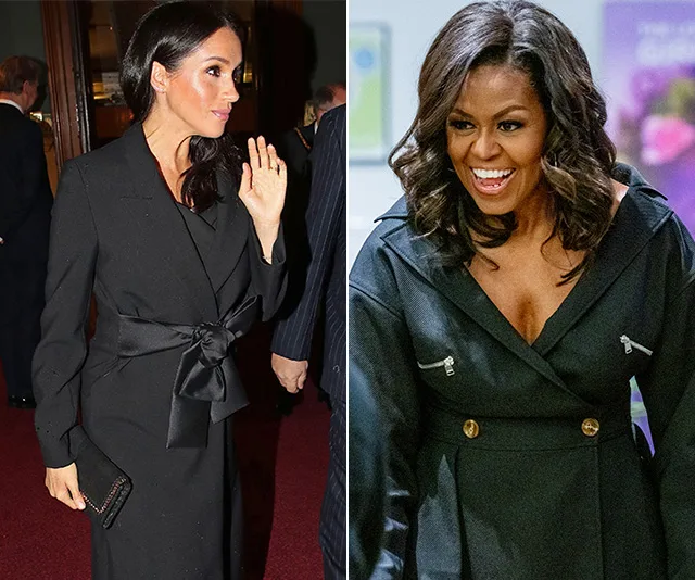 Two women in elegant black outfits; one waves, the other smiles brightly.