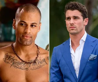 Two men side by side; the first shirtless with tattoos, the second in a blue suit looking serious.