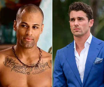 Two men side by side; the first shirtless with tattoos, the second in a blue suit looking serious.