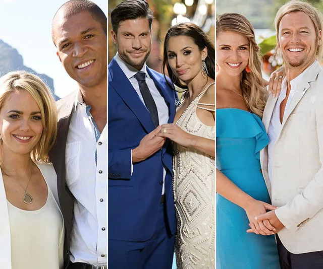 Three couples from Australian reality TV shows smiling and posing together in outdoor settings.