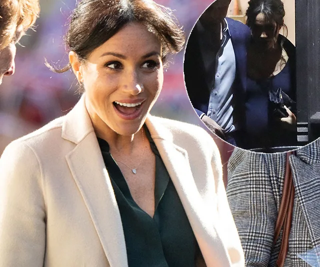 Meghan Markle smiling in a light coat with overlay of her in a darker scene.