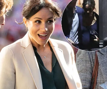 Meghan Markle smiling in a light coat with overlay of her in a darker scene.
