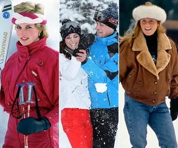 Skiing individuals in winter gear, including pink and blue outfits, enjoying the snowy outdoors respectively.