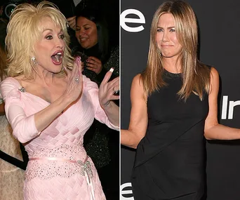 Two women, one in a pink dress gesturing animatedly, the other in a black dress shrugging, on a split-image background.