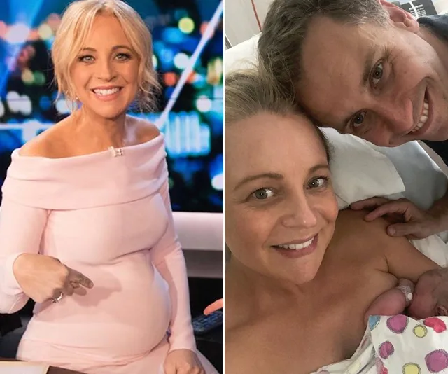 Pregnant woman in pink dress smiling; next to her, a happy couple with newborn baby in hospital bed.