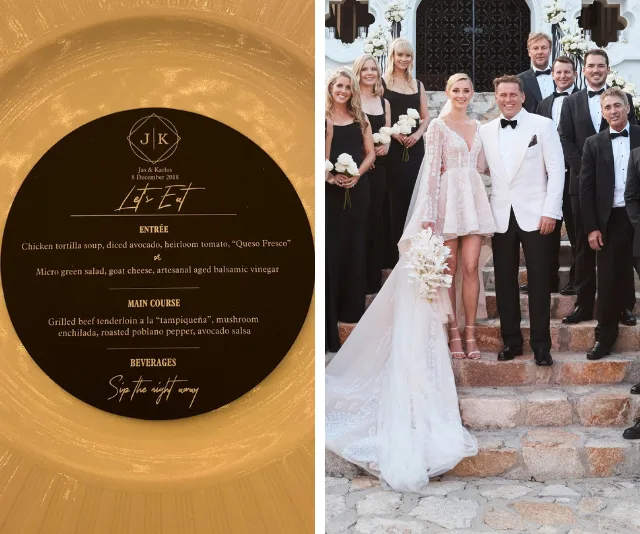 "Wedding menu and group photo with bride and groom in formal attire on stone steps."