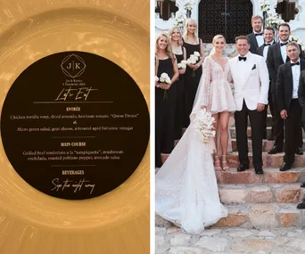 "Wedding menu and group photo with bride and groom in formal attire on stone steps."