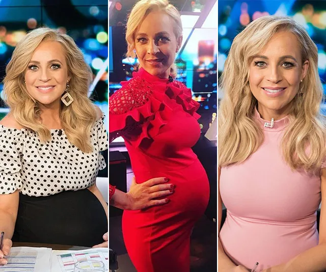 Carrie Bickmore in stylish maternity outfits on "The Project," wearing polka dot, red, and pink dresses.