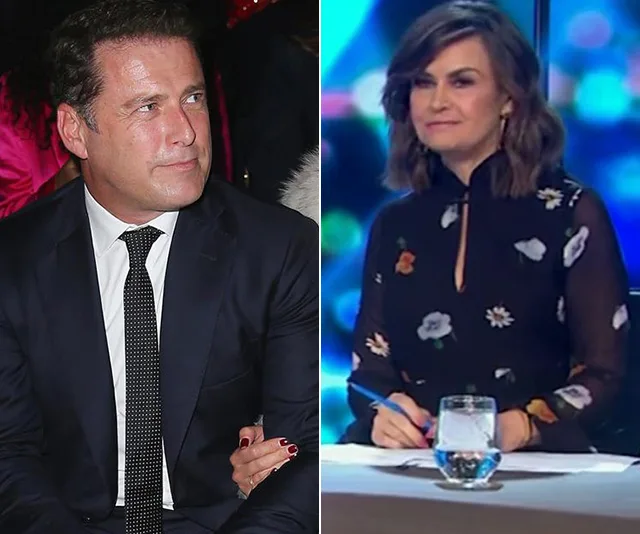Two side-by-side images of a man in a suit and a woman in floral dress at a desk with water and pen.