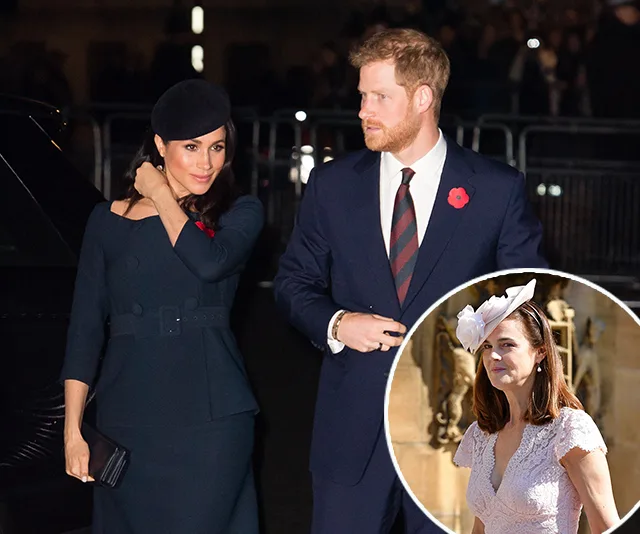 Meghan Markle and Prince Harry in formal attire with an inset of a woman in a white dress and hat.