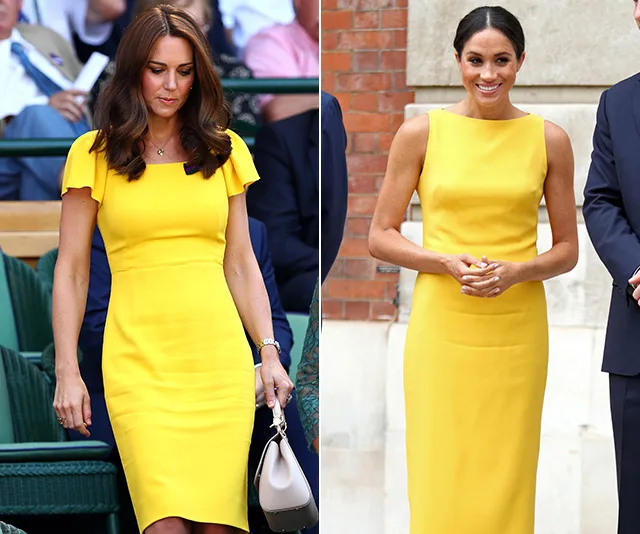 Two women, each wearing a yellow dress. One has long brown hair, and the other a neat updo, smiling beside a brick wall.