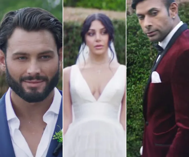 Three individuals from Married at First Sight 2019, each dressed for a wedding, standing in a garden setting.