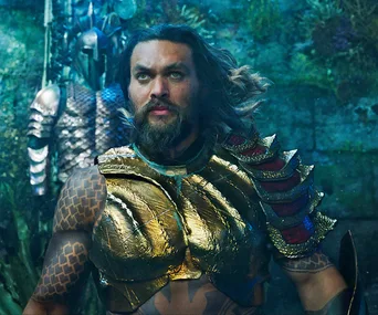Aquaman in gold armor, underwater scene, determined expression, from the movie "Aquaman".