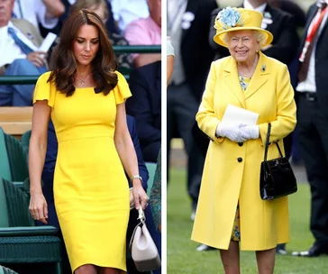 Left: Woman in a yellow dress carrying a handbag. Right: Woman in a yellow coat and hat, holding a black bag.